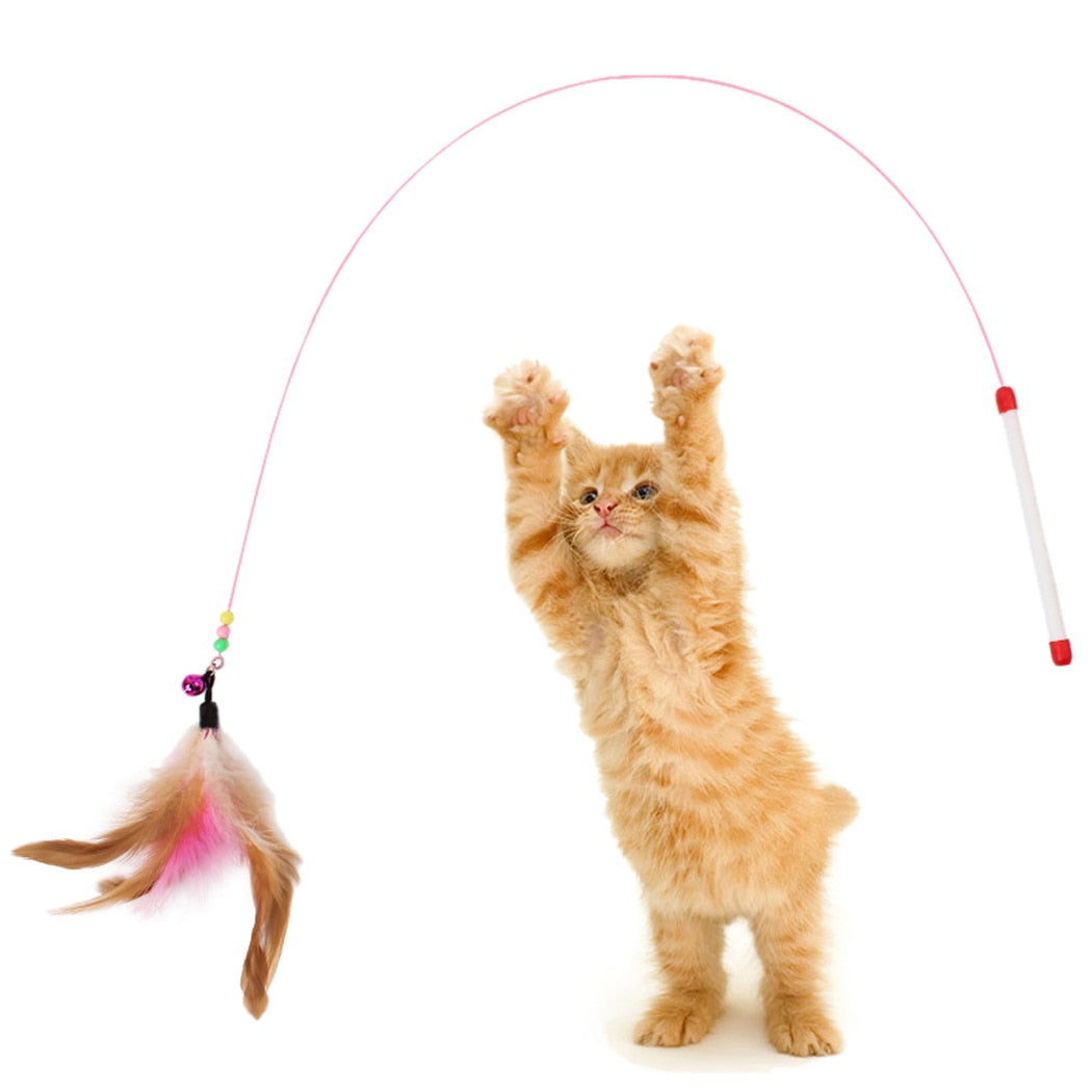 1pc Cat Toy Stick Feather Wand With Bell Mouse Cage Toys Plastic Artificial Colorful Cat Teaser Toy Pet Supplies Random Color